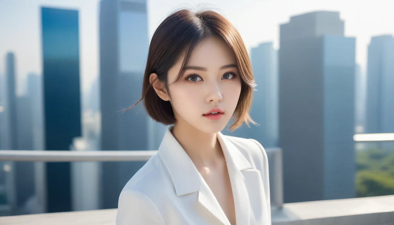 8k, Ultra-high resolution, Highest quality, masterpiece, 三分割法によるphotograph,Surreal, photograph, 1 , (:1.3), cute, cute顔, 細部までBeautiful Eyes, 細かくdetailedに,masterpiece,One Girl:1.2,Japanese women,Female announcer,cowboy shot,glaring,Black short hair,messy hair,from side,(White shirt:1.3),Blazer,Pencil Skirt,Rooftop,white collar,blue sky,Background of skyscrapers,(Beautiful attention to detail),Subtle details, detailedな顔,anger,Attractive eyes,(ポートレートphotograph:1.4),(Photorealistic images:1.4),Fantasy art,(Beautiful Face:1.4),美しくAttractive eyes、Beautiful Eyes,Silver residue,(Tight waist:1.4)、(Beautiful with perfect body proportions:1.4),Pink Lips,profile,(((Ideal body type))),A-cup small breasts :2,、Portraiture:2、Perfect Anatomy、鮮明なdetailed、detailed,Fashion magazine cover,Thin lips,完璧でBeautiful Face ,完璧でcute顔, Skin with attention to detail, Perfect limbs、Narrow waist,Surreal,Light and shadow,sunlight
