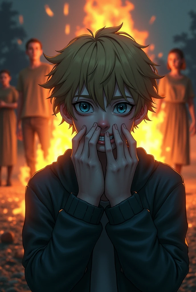 A ager with blond hair, white skin, blue left eye, gray right eye, was holding both hands over his mouth and smiling. Behind there was a bonfire and a man and woman were burning.