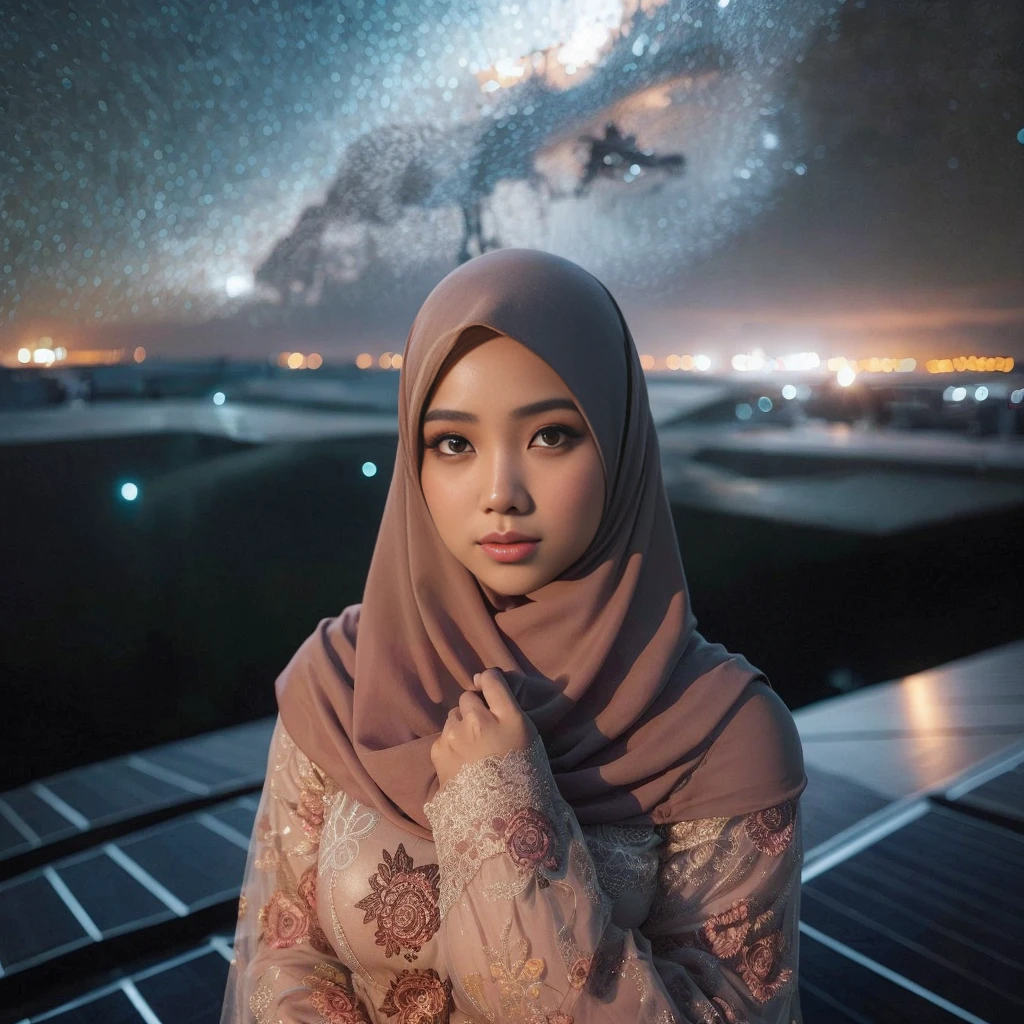 1 malay girl, modern plain hijab, shy, medium portrait, watery eyes, wearing dark green kebaya, ((big breasts)), black bokeh background, well-proportioned body,, chubby massive thighs, full body pose, Hena art on the body, hena art on , slightly fat body 