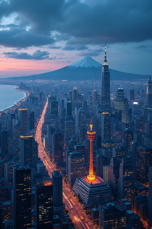 Cyber city, Tokyo Skytree, big city, metropolitan area, expressway, mountain pass, Mt. Fuji on the right, Osaka Castle in the center, the sea on the left, night view from above