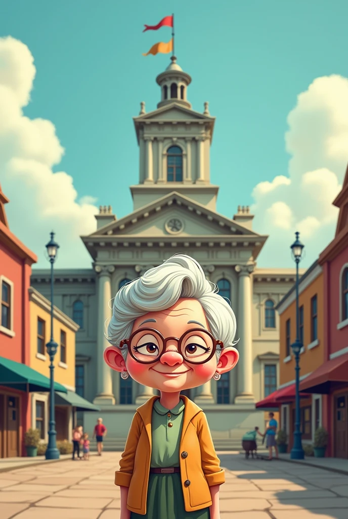 Large building with an old lady in front in cartoon style
