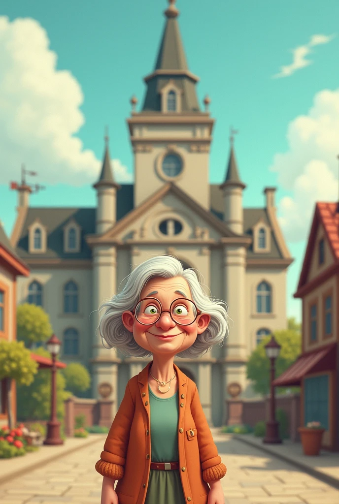 Large building with an old lady in front in cartoon style
