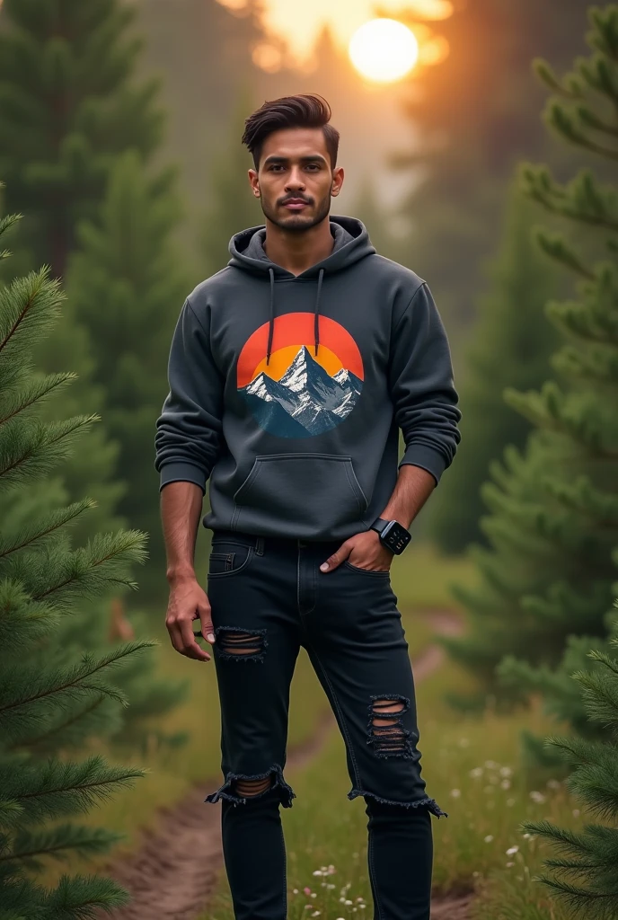 please make me a realistic photo of a 30-year-old Indonesia man wearing a dark gray hoodie ((with a mountain sunset graphic)), wearing black ripped jeans, wearing mountain shoes.wearing an iPhone smartwatch, standing facing the viewer outdoors against the background of a green pine forest.4K Full HD Resolution.