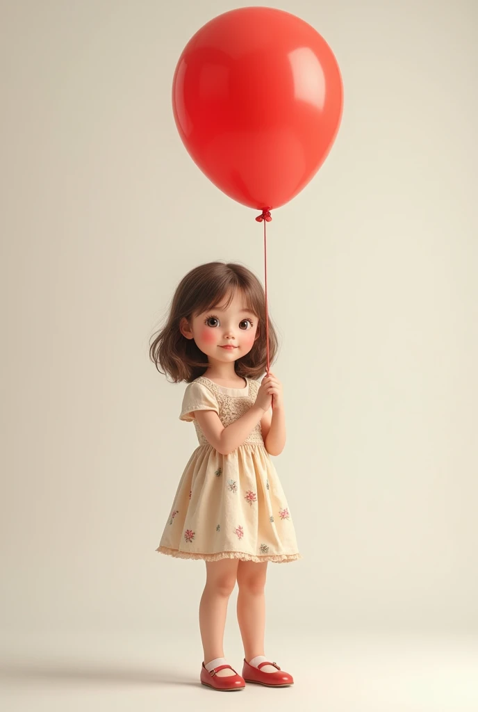 full standing image of a white girl holding a red ballon and wearing a dress and shoes looking directly back to the viewer