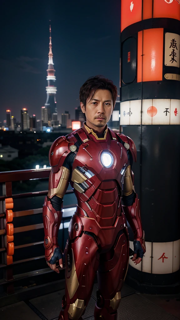 Create a highly detailed image of a Japanese version of Iron Man, standing heroically with a modern Tokyo cityscape in the background. The armor should be inspired by traditional Japanese elements, featuring sleek designs with colors like white, red, and black, and incorporating motifs such as cherry blossoms, samurai armor, or katana-inspired elements. The Japanese flag, with its iconic red circle, should be prominently displayed on the chest plate. The background should feature the Tokyo skyline, including landmarks like Tokyo Tower and Mount Fuji in the distance, set against a twilight or nighttime scene with neon lights and bustling city energy. The overall vibe should be powerful, elegant, and patriotic, blending high-tech with traditional Japanese aesthetics."