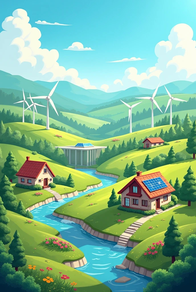 An image of a world where renewable energy resources (like solar, water and wind) are a pathway to an eco friendly world. (Make it symbolic and easy to draw). Add solar panels on houses pls