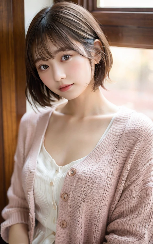 Tabletop, Highest quality, 8k, 20th Generation, 大きな豊かなchest, cute, alone, sad, cute, Girlish, Delicate girl, Pure beauty, RAW Photos, Professional photography, Portraiture, Soft Light, Professional Lighting, Backlight, Upper Body, avert your eyes, Sophisticated, Film Grain, (Eye and facial details:1.0), floating short hair, beautiful, Flowing Hair, bangs, Pink Cardigan、chest、 outside、Nipples