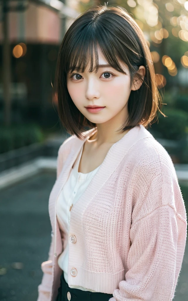 Tabletop, Highest quality, 8k, 20th Generation, 大きな豊かなchest, cute, alone, sad, cute, Girlish, Delicate girl, Pure beauty, RAW Photos, Professional photography, Portraiture, Soft Light, Professional Lighting, Backlight, Upper Body, avert your eyes, Sophisticated, Film Grain, (Eye and facial details:1.0), floating short hair, beautiful, Flowing Hair, bangs, Pink Cardigan、chest、 outside、Nipples