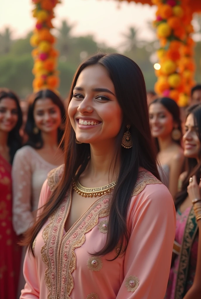 (photorealism:1.2), Dressed as a bridesmaid in a pastel-colored Anarkali suit, she is posing with a joyful smile at an outdoor wedding ceremony, with vibrant marigold decorations and a mandap in the background, as dusk falls.
Closeup shot, laughing with a group of bridesmaids, straight hair 