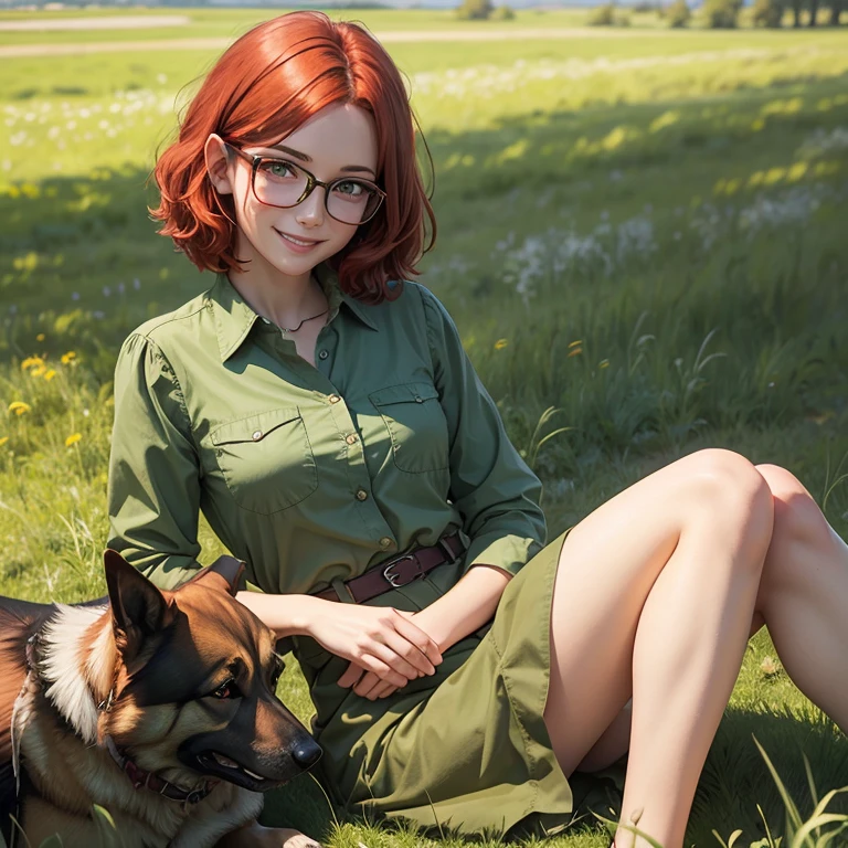 Short, Red hair, green eyes, metal frame glasses, green button down shirt dress, smiling girl sitting on meadow with german shepherd