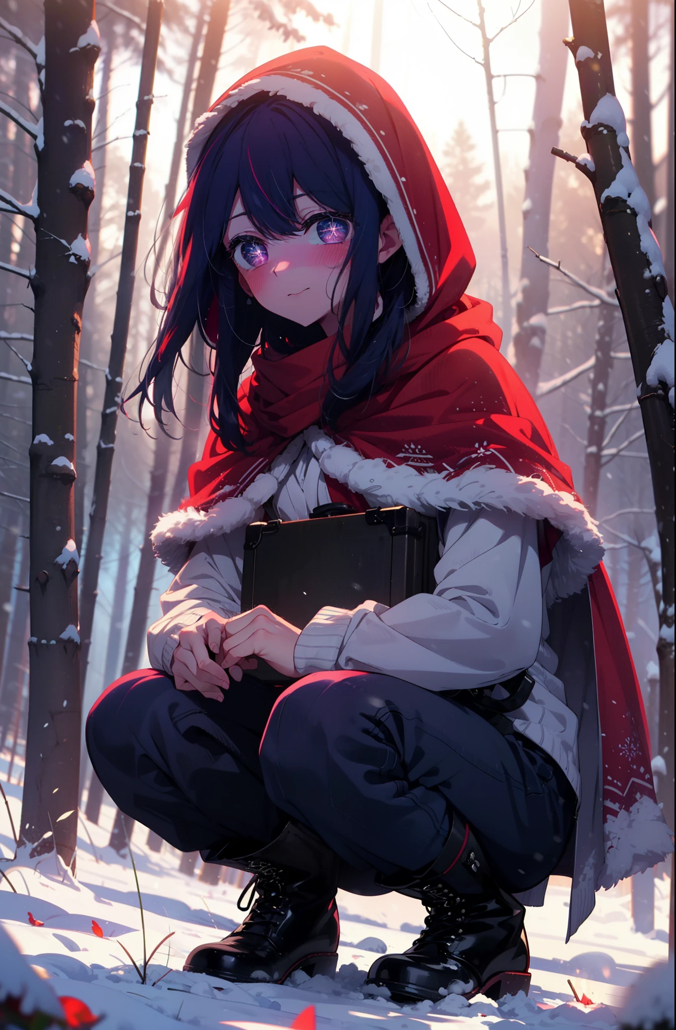 aihoshino, Ai Hoshino, Long Hair, bangs, (Purple eyes:1.1), Purple Hair, (Symbol-shaped pupil:1.5), smile,,smile,blush,white breath,
Open your mouth,snow,Ground bonfire, Outdoor, boots, snowing, From the side, wood, suitcase, Cape, Blurred, , forest, White handbag, nature, Squat, Mouth closed, Cape, winter, Written boundary depth, Black shoes, red Cape break looking at viewer, Upper Body, whole body, break Outdoor, forest, nature, break (masterpiece:1.2), Highest quality, High resolution, unity 8k wallpaper, (shape:0.8), (Beautiful and beautiful eyes:1.6), Highly detailed face, Perfect lighting, Highly detailed CG, (Perfect hands, Perfect Anatomy),