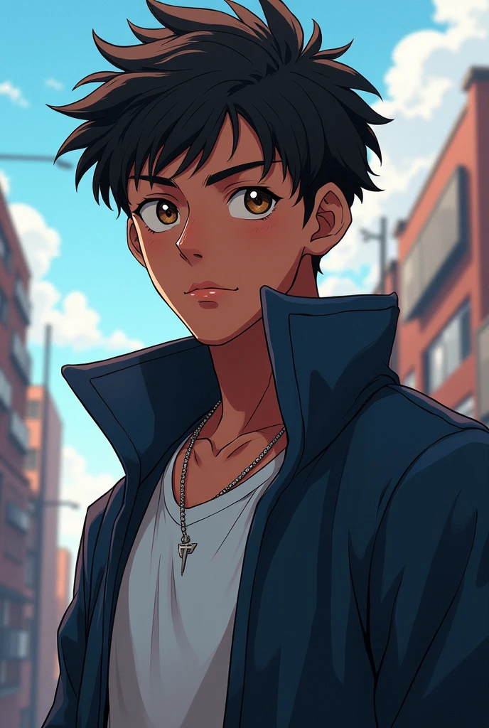 (Anime),(Breakdomain),(Young 17-year-old boy, with average physical appearance and a height of 1.80 m.), (Dark skin color: 2.0), his eyes are brown and his hair is short, black and curly. His face has mixed features, with a thick, flat nose, and a large but slightly thin mouth. His size is athletic and very average for a normal teenager, with normal average muscles. He walks with confidence, his expression serious, but his eyes shine with restrained energy. His presence is imposing and magnetic, drawing the attention of everyone around him.)