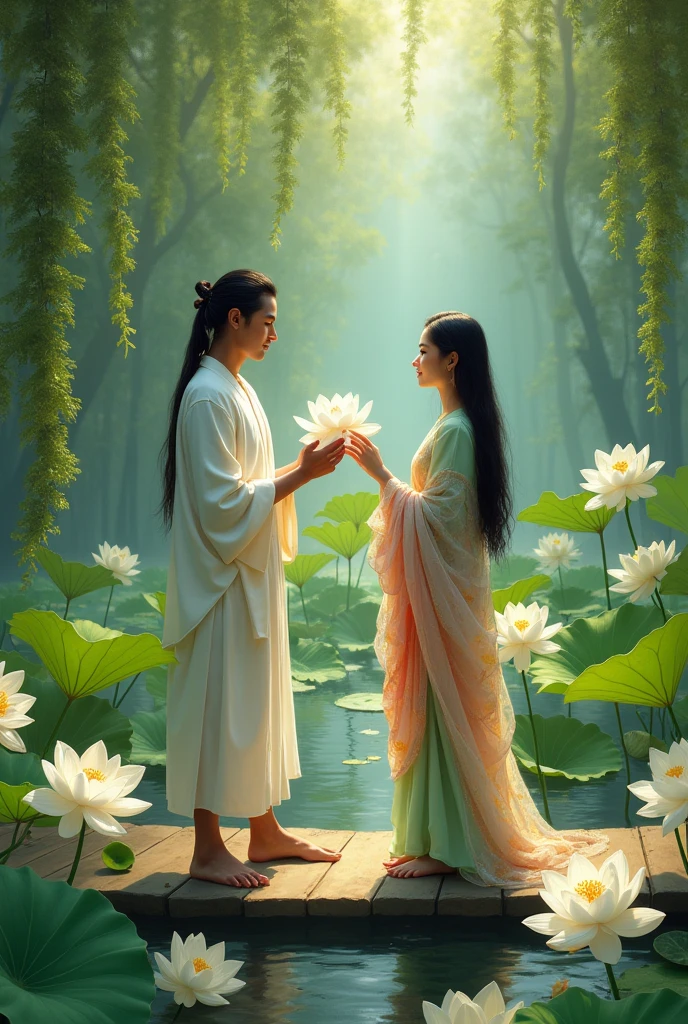 On a bridge in the middle of a beautiful white lotus pond, a handsome young man with long, beautiful black hair tied halfway down his head, wearing a white and gold Thai dress, fair skin, and a strong body, aged 35, hands a beautiful white lotus flower to a beautiful, sweet, gentle young woman with long, flowing black hair, wearing a light green Dusit Thai dress, a pink and orange-white sarong, and a white and gold-shiny shawl. The freshness of the lush green atmosphere of the lotus pond, an oil painting, a surreal painting, an art painting by Ajarn Chalermchai.