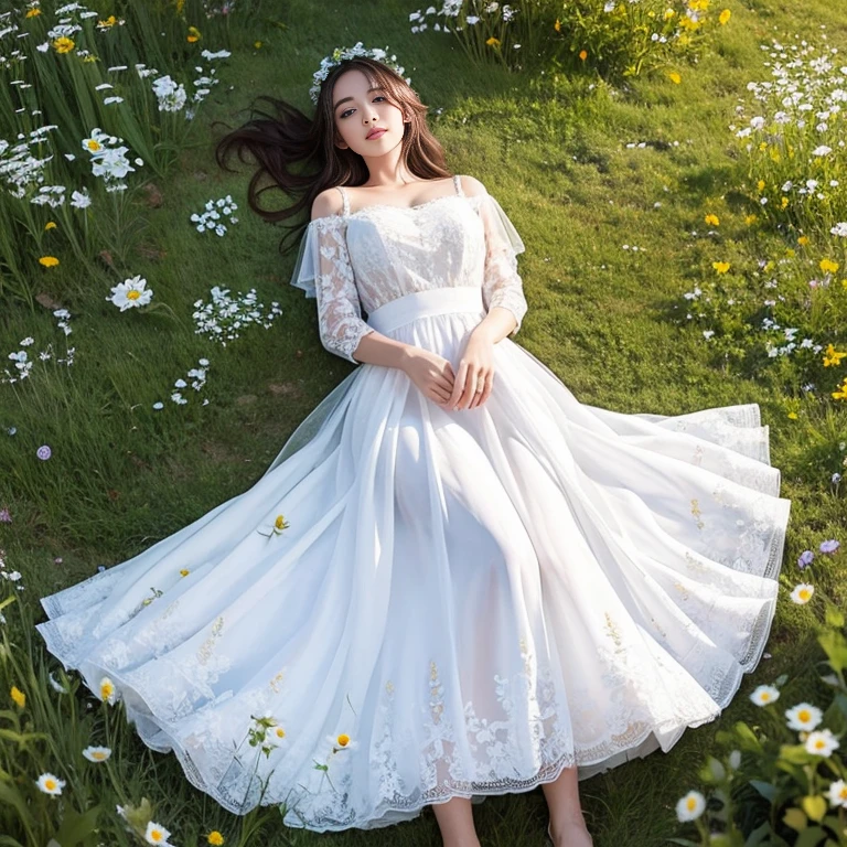 White long skirt,In a wild flower field，Transparent lace dress, Get excited,  rotate, one person&#39;s, laughing out loud, Light brown hair, Blunt bangs, Hair behind the ear, Shoulder-length hair, Long Hair, Delicate lips, Beautiful Eyes, eyes are light brown,Have a look at this, (Actual:1.3), one person&#39;s視点, 8k, Very detailed, high quality, 最high quality, High resolution, Large Breasts, White off-shoulder top，Sheer lace top，Transparent fluffy skirt