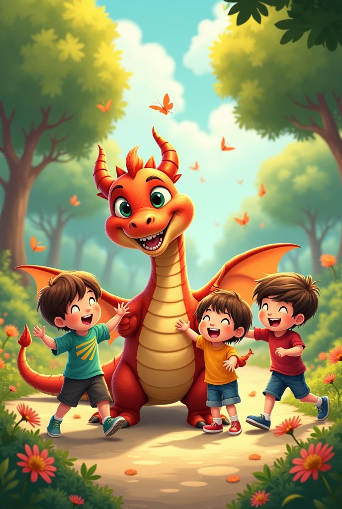 Generate a cartoon image of 4 year old kids playing with dragon in park joyfully