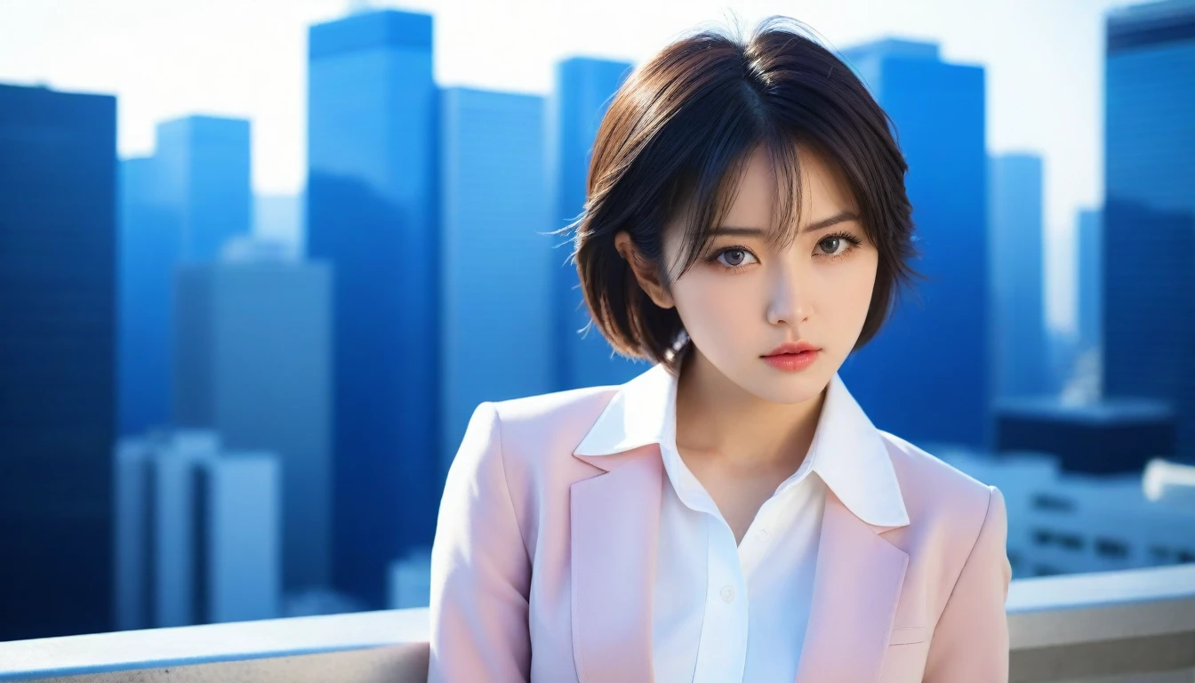 8k, Ultra-high resolution, Highest quality, masterpiece, 三分割法によるphotograph,Surreal, photograph, 1 , (:1.3), cute, cute顔, 細部までBeautiful Eyes, 細かくdetailedに,masterpiece,One Girl:1.2,Japanese women,Female announcer,cowboy shot,glaring,Black short hair,messy hair,from side,(White shirt:1.3),Blazer,Pencil Skirt,Rooftop,white collar,blue sky,Background of skyscrapers,(Beautiful attention to detail),Subtle details, detailedな顔,anger,Attractive eyes,(ポートレートphotograph:1.4),(Photorealistic images:1.4),Fantasy art,(Beautiful Face:1.4),美しくAttractive eyes、Beautiful Eyes,Silver residue,(Tight waist:1.4)、(Beautiful with perfect body proportions:1.4),Pink Lips,profile,(((Ideal body type))),A-cup small breasts :2,、Portraiture:2、Perfect Anatomy、鮮明なdetailed、detailed,Fashion magazine cover,Thin lips,完璧でBeautiful Face ,完璧でcute顔, Skin with attention to detail, Perfect limbs、Narrow waist,Surreal,Light and shadow,sunlight