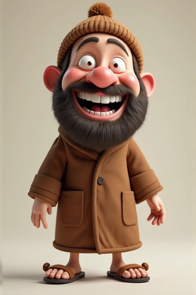 3D caricature photography of a 40 year old man, very big head, a beard on his chin, wearing a brown beanie, wearing a 3/4 brown robe, wearing cute bear sandals, laughing broadly, carrying a gallon of water