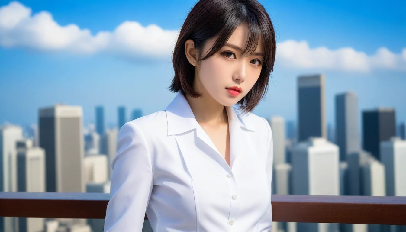 8k, Ultra-high resolution, Highest quality, masterpiece, 三分割法によるphotograph,Surreal, photograph, 1 , (:1.3), cute, cute顔, 細部までBeautiful Eyes, 細かくdetailedに,masterpiece,One Girl:1.2,Japanese women,Female announcer,cowboy shot,glaring,Black short hair,messy hair,from side,(White shirt:1.3),Blazer,Pencil Skirt,Rooftop,white collar,blue sky,Background of skyscrapers,(Beautiful attention to detail),Subtle details, detailedな顔,anger,Attractive eyes,(ポートレートphotograph:1.4),(Photorealistic images:1.4),Fantasy art,(Beautiful Face:1.4),美しくAttractive eyes、Beautiful Eyes,Silver residue,(Tight waist:1.4)、(Beautiful with perfect body proportions:1.4),Pink Lips,profile,(((Ideal body type))),A-cup small breasts :2,、Portraiture:2、Perfect Anatomy、鮮明なdetailed、detailed,Fashion magazine cover,Thin lips,完璧でBeautiful Face ,完璧でcute顔, Skin with attention to detail, Perfect limbs、Narrow waist,Surreal,Light and shadow,sunlight