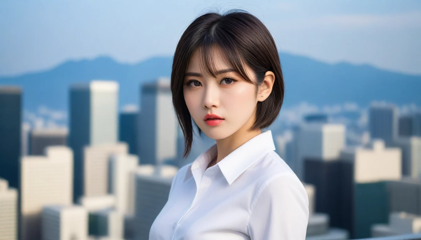 8k, Ultra-high resolution, Highest quality, masterpiece, 三分割法によるphotograph,Surreal, photograph, 1 , (:1.3), cute, cute顔, 細部までBeautiful Eyes, 細かくdetailedに,masterpiece,One Girl:1.2,Japanese women,Female announcer,cowboy shot,glaring,Black short hair,messy hair,from side,(White shirt:1.3),Blazer,Pencil Skirt,Rooftop,white collar,blue sky,Background of skyscrapers,(Beautiful attention to detail),Subtle details, detailedな顔,anger,Attractive eyes,(ポートレートphotograph:1.4),(Photorealistic images:1.4),Fantasy art,(Beautiful Face:1.4),美しくAttractive eyes、Beautiful Eyes,Silver residue,(Tight waist:1.4)、(Beautiful with perfect body proportions:1.4),Pink Lips,profile,(((Ideal body type))),A-cup small breasts :2,、Portraiture:2、Perfect Anatomy、鮮明なdetailed、detailed,Fashion magazine cover,Thin lips,完璧でBeautiful Face ,完璧でcute顔, Skin with attention to detail, Perfect limbs、Narrow waist,Surreal,Light and shadow,sunlight