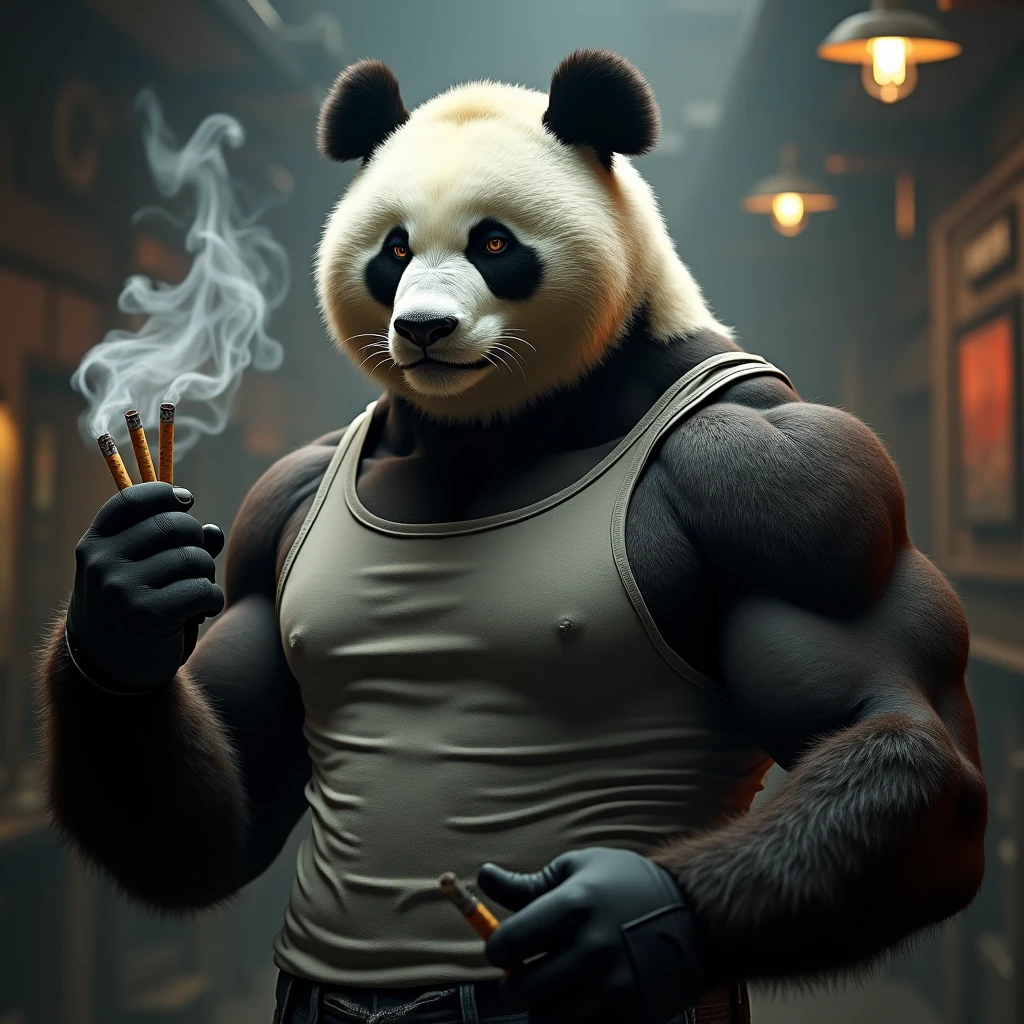 "A hyper-realistic close-up of a muscular panda in a grey tank top, holding several lit cigarettes, exhaling thick clouds of smoke that envelop its entire head and shoulders. The panda’s expression is serious and intense, giving off a tough, no-nonsense vibe. The background is a dimly lit, gritty bar with a smoky atmosphere and industrial decor."