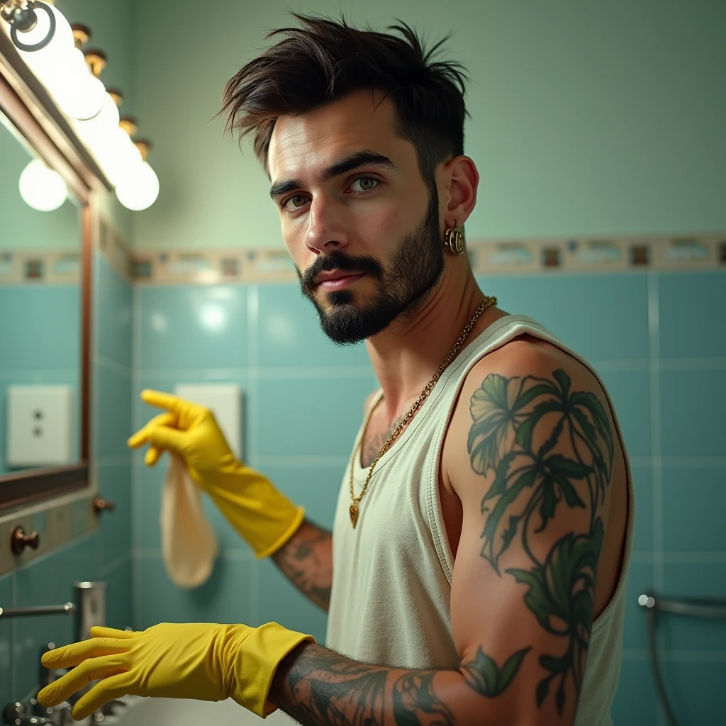 REAL IMAGE OF A MAN IN TROUSERS OPENING HIS CLOTHES WITH HIS HANDS LOOKING DOWN SHOWING HAPPINESS AFTER SHOWING CLARO MORENO&#39;S BODY, COM UM GARRAFA DE SHAMPOO NO LADO MOLHADO