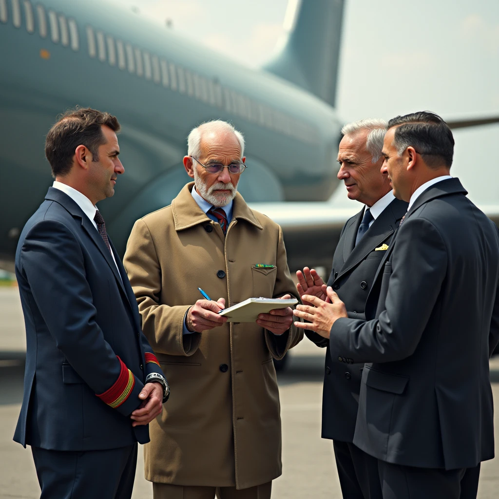 A man in an engineering suit standing next to an airplane, an elderly man holding a notebook and a pen with which he is calculating, two other men standing in front of him in coats of officer's rank, raising their hands and gesturing.

