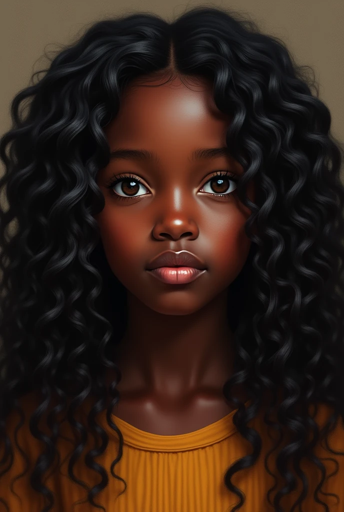 13 year old girl Long curly black hair,
black skin color, 
