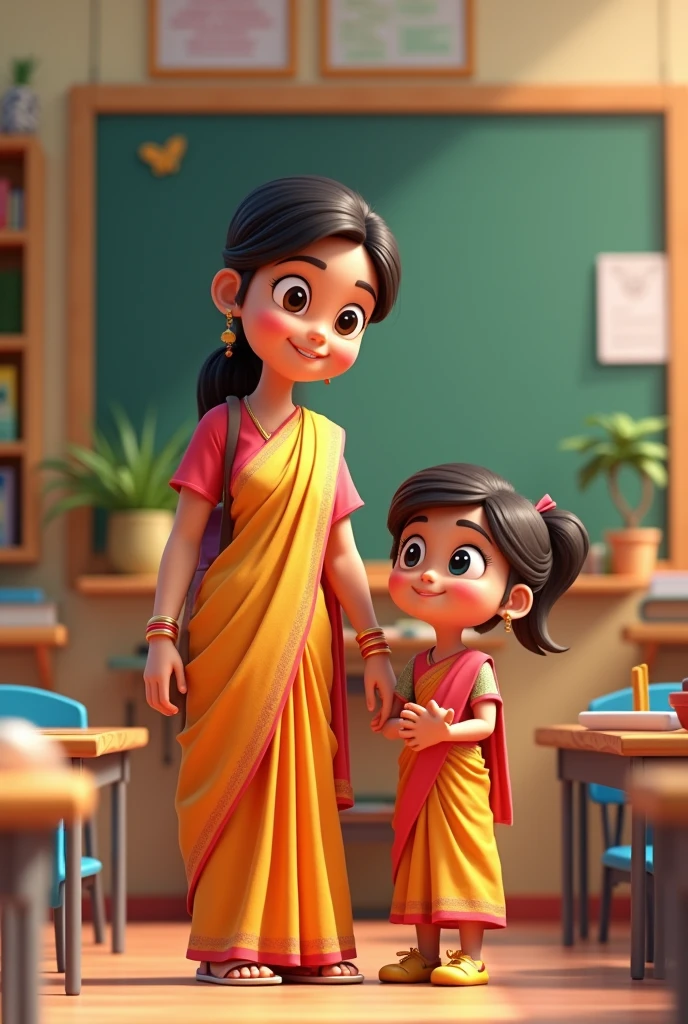 School teacher saree with class one student standup asking ai 3d image cartoon type