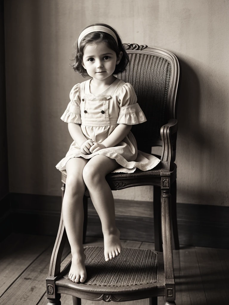 a little child,Girl,Foreigners,French,one piece,old,Sepia,era,young,whole body,Life-size,Classic,front,Head to foot,Sit on a chair