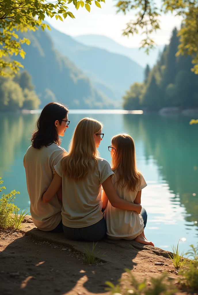 Avec l&#39;IA, faites une photo d'un couple avec leur 2 enfants au lac d'annecy, l'homme à les cheveux long et noir, la femme a les cheveux blonds et porte des lunettes. Et avec leurs enfants, un garçon de trois ans avec des cheveux noirs atteignant son front et une fille de 5 ans, aux cheveux long. 