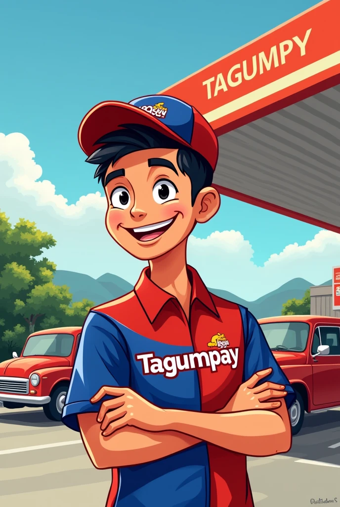 Can you make me a cartoonized filipino man as a pump attendant wearing red and blue shirt like inviting you to gas up as a logo and has a Tagumpay text on his uniform and make the background looks like a gas station named Tagumpay Gas with filipino traditional Sarao Jeepneys