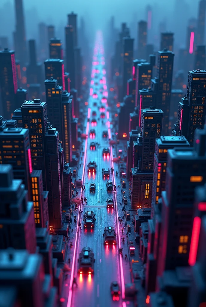 (masterpiece:1.2,Highest quality,Ultra-high resolution,Very detailed,Realistic,Ultra-high resolutionのカメラ),8k,wallpaper,An extremely detailed, futuristic miniature city viewed from a bird's-eye perspective. The city is illuminated with vibrant neon colors, predominantly in dark tones, giving the scene a moody and intense atmosphere. The buildings are sleek, modern, and geometric, featuring sharp angles and glowing neon lines that accentuate their structures. Interspersed throughout the city are battle spaces, seamlessly integrated into the urban landscape, where futuristic weapons and technology are evident. The overall color scheme is dark, with glowing neon blues, purples, and pinks lighting up the buildings, streets, and battle zones. The scene is highly detailed, capturing the texture and scale of the miniature city, with a sense of depth and complexity in the urban design, giving the impression of a dynamic, futuristic battleground.