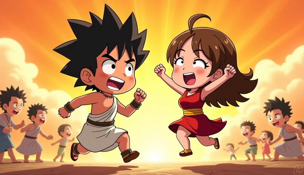 A vibrant and dynamic anime scene featuring young man and women . Man is shown with a grumpy expression, wearing a 550ad Israeli, simple hair,while women joyfully jumps with a fist in the air, dressed in his strophium. Big boobs,brown hair,The background is filled with bold orange and yellow hues, with subtle comic-style illustrations of Krillin’s expressions and additional characters. The overall style is playful and captures the energy of classic anime with detailed shading and a warm color scheme
