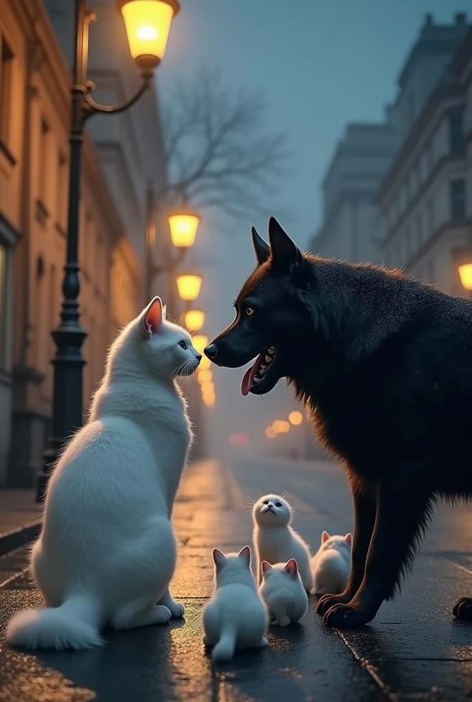A white cat saw a black dog bullying white kittens on a cold evening street corner., there are street lights
