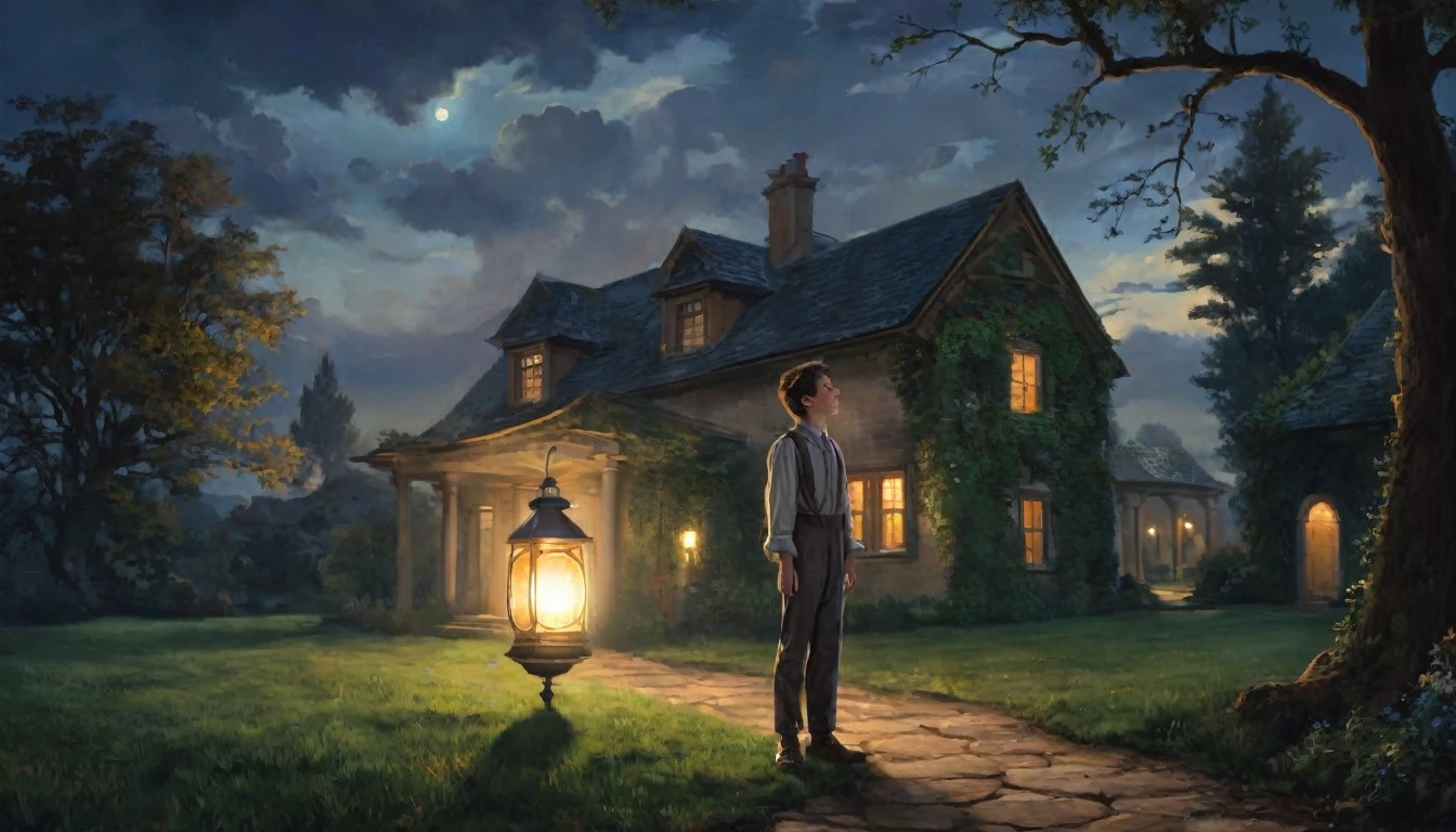 A vision of Gabriel, a young man holding a lantern, standing looking at the house with an expression of curiosity and fear.