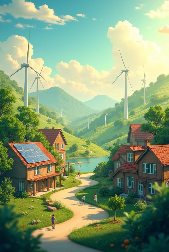 An image of a world where renewable energy resources (like solar, water and wind) are a pathway to an eco friendly world. (Make it symbolic and easy to draw). Add solar panels on houses pls. Make it semi realistic 