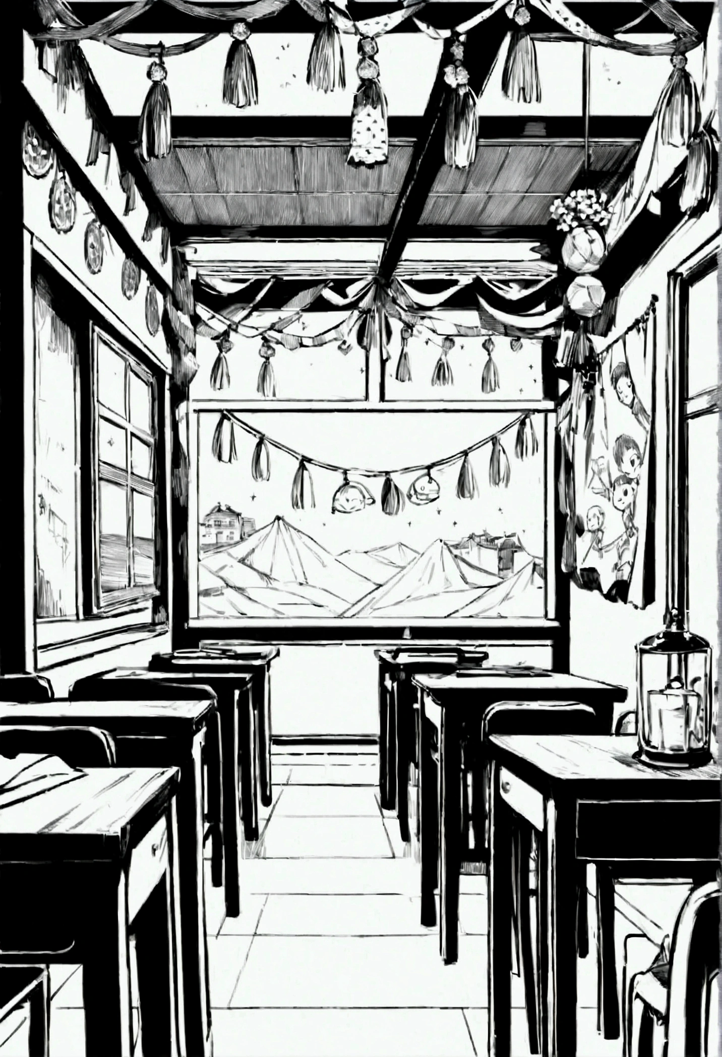 Create a line art illustration of a classroom interior festively decorated with DIY, affordable materials. The room features paper flowers, tassel garlands, banners, candlesticks, sparkling garlands, bandana banners, DIY bunting, a paper chain backdrop, and tissue paper pom-poms. The chalkboard is decorated with cheerful drawings and framed with garlands. Emphasize the handcrafted, simple yet beautiful decorations, ensuring the room is filled with festive details. No people should be present, decorations everywhere,No desk and chairs and the image should be in line art without color.