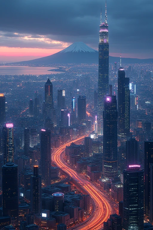 Cyber city, Tokyo Skytree, big city, metropolitan area, Osaka Castle, expressway, mountain pass, Mt. Fuji on the right, sea on the left, night view from above
