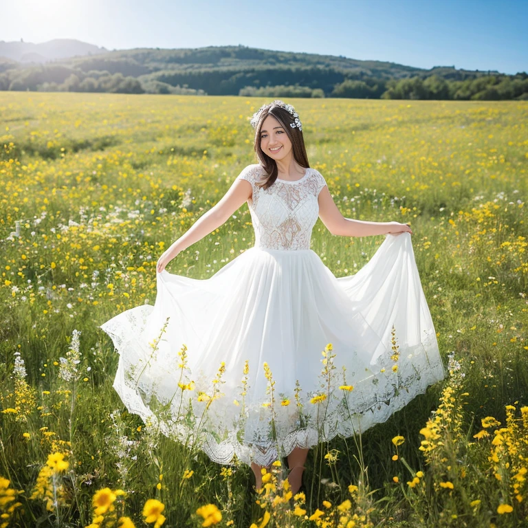 White long skirt,In a wild flower field，Transparent lace dress, Get excited,  rotate, one person&#39;s, laughing out loud, Light brown hair, Blunt bangs, Hair behind the ear, Shoulder-length hair, Long Hair, Delicate lips, Beautiful Eyes, eyes are light brown,Have a look at this, (Actual:1.3), one person&#39;s視点, 8k, Very detailed, high quality, 最high quality, High resolution, Large Breasts, White off-shoulder top，Sheer lace top，Transparent fluffy skirt