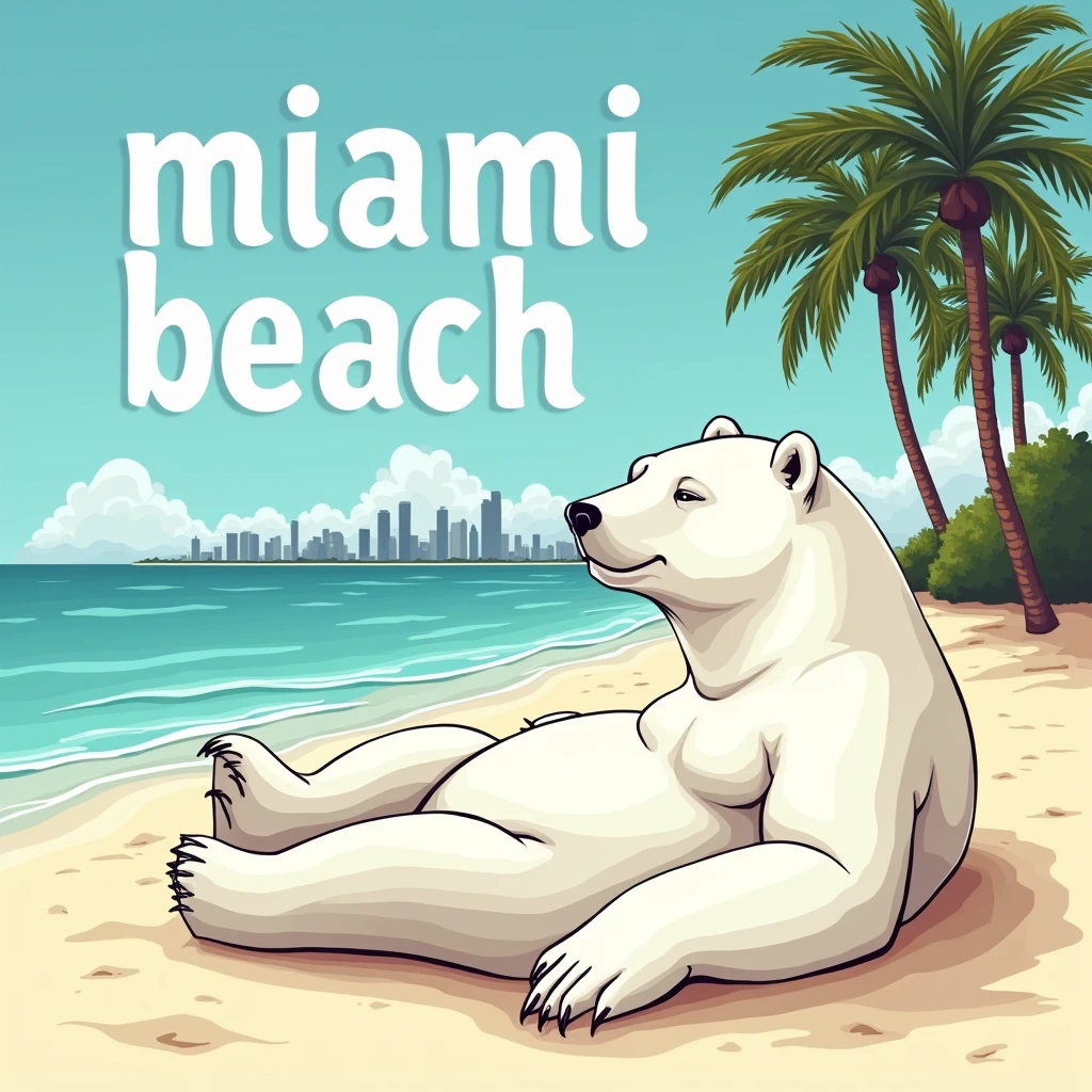 Sticker, Polar bear on Miami beach, caption "Miami Beach", Vector, White background, Detailed