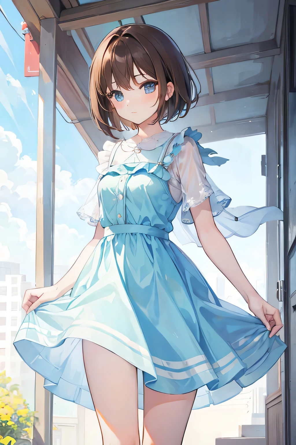 Girl,Brown Hair,short hair,light blue,dress