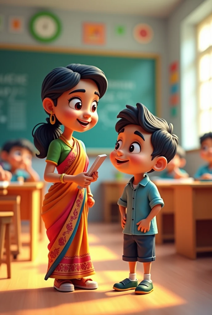 School teacher saree with class one boy student standup asking ai 3d image cartoon type