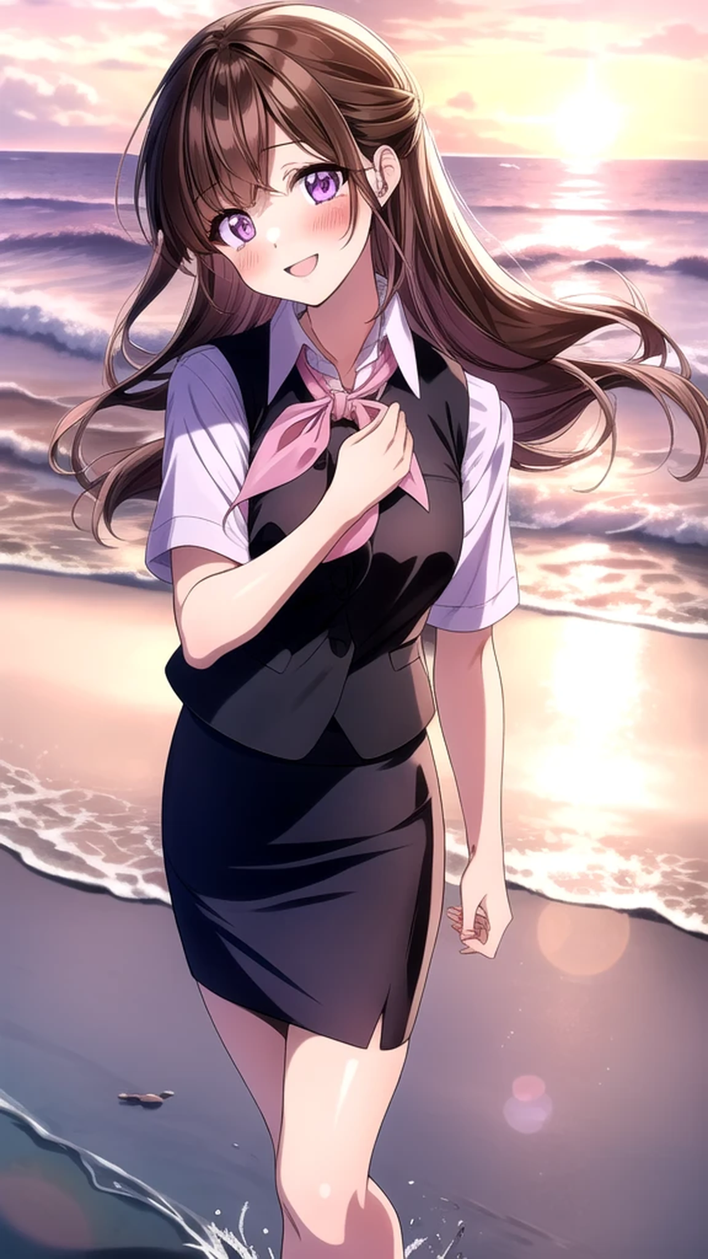 Anime illustration - Shino amagi OL, One person, office lady, Purple eyes, Black brown hair, collared shirt, shirt, skirt, blush, white shirt, neckerchief, black vest, pencil skirt, eyelashes, medium chest, checkered floor, pink ribbon, striped bow, ribbon, blush, miniskirt, Cute Smile Open your mouth, Are standing, (She walked along the beach in the sunset, her bare feet touching the water, the closest she came to seeing that smile), barefoot, Two Arms, (cinematic angle:1.1),