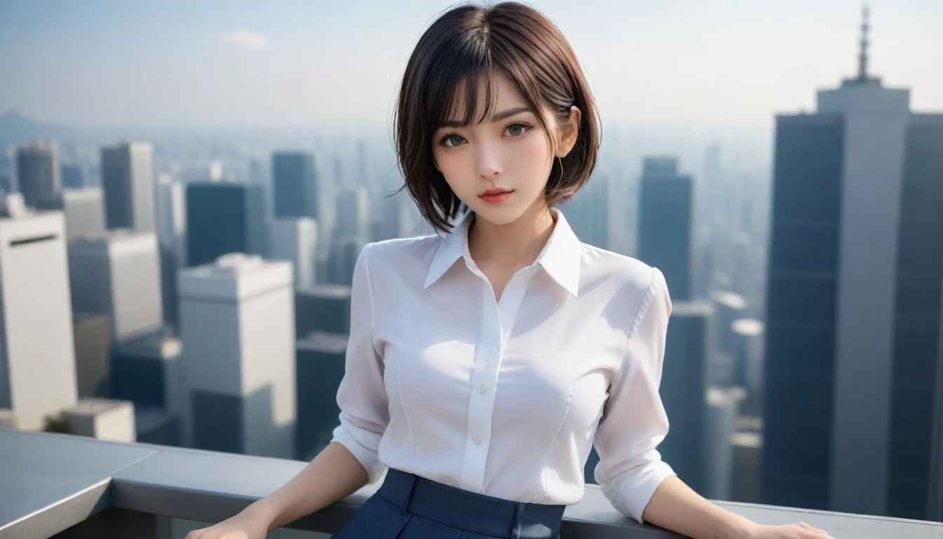 8k, Ultra-high resolution, Highest quality, masterpiece, 三分割法によるphotograph,Surreal, photograph, 1 , (:1.3), cute, cute顔, 細部までBeautiful Eyes, 細かくdetailedに,masterpiece,One Girl:1.2,Japanese women,Female announcer,cowboy shot,glaring,Black short hair,messy hair,from side,(White shirt:1.3),Blazer,Pencil Skirt,Rooftop,white collar,blue sky,Background of skyscrapers,(Beautiful attention to detail),Subtle details, detailedな顔,anger,Attractive eyes,(ポートレートphotograph:1.4),(Photorealistic images:1.4),Fantasy art,(Beautiful Face:1.4),美しくAttractive eyes、Beautiful Eyes,Silver residue,(Tight waist:1.4)、(Beautiful with perfect body proportions:1.4),Pink Lips,profile,(((Ideal body type))),A-cup small breasts :2,、Portraiture:2、Perfect Anatomy、鮮明なdetailed、detailed,Fashion magazine cover,Thin lips,完璧でBeautiful Face ,完璧でcute顔, Skin with attention to detail, Perfect limbs、Narrow waist,Surreal,Light and shadow,sunlight