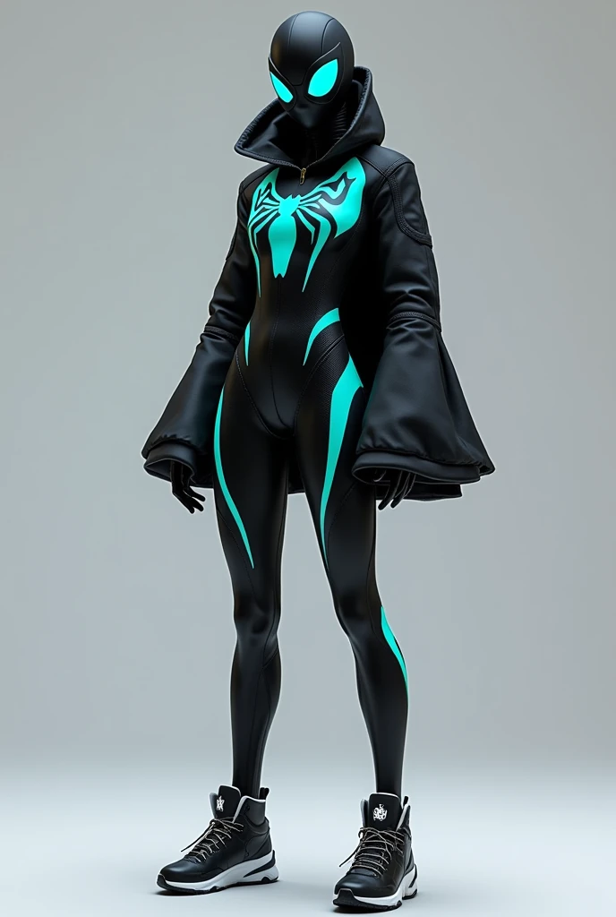Create a spiderwoman suit that has black and cyan highlights that also have bell prive sleeves. She is wearing the black and white jordans and her mask can be different she also has a black jacket on maybe