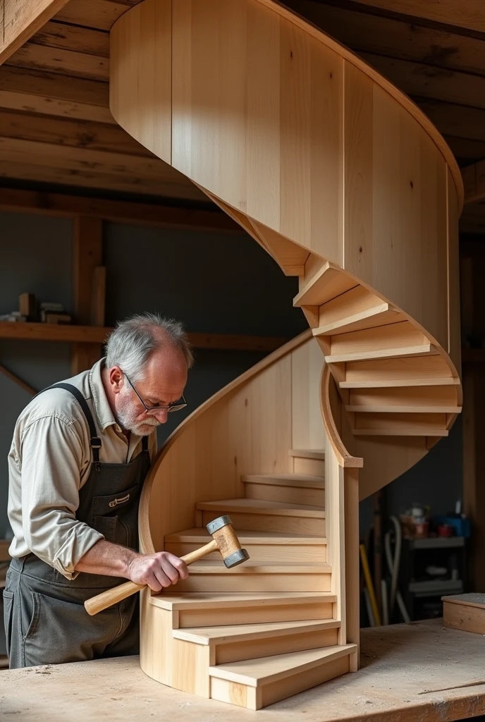 A carpenter with a hammer and pounding with a staircase has two 360 degree turns with no visible means support