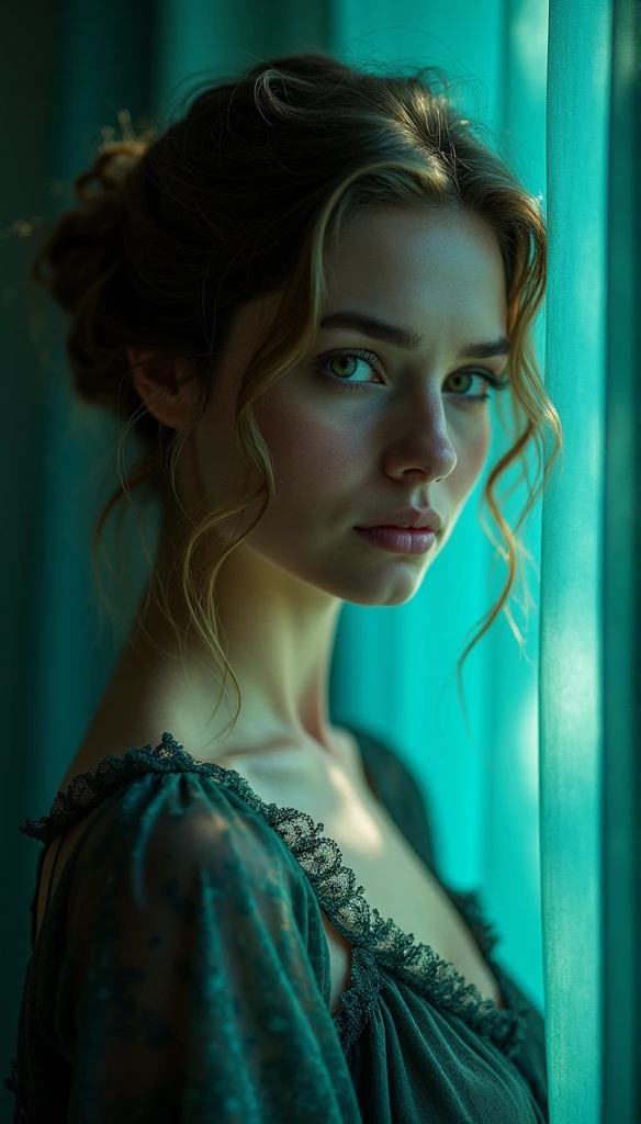 4k highly detailed realistic ((full body including legs)) photo of beautiful 30 year old Anglo-Saxon sweaty girl with ((sharp jawline)) and perky tits, in wet clothes standing by the bedroom window in a castle with white stony in a green silk dress with a deep neckline, sweaty face, blemish free face, highly detailed face, cinematic , unreal engine, masterpiece