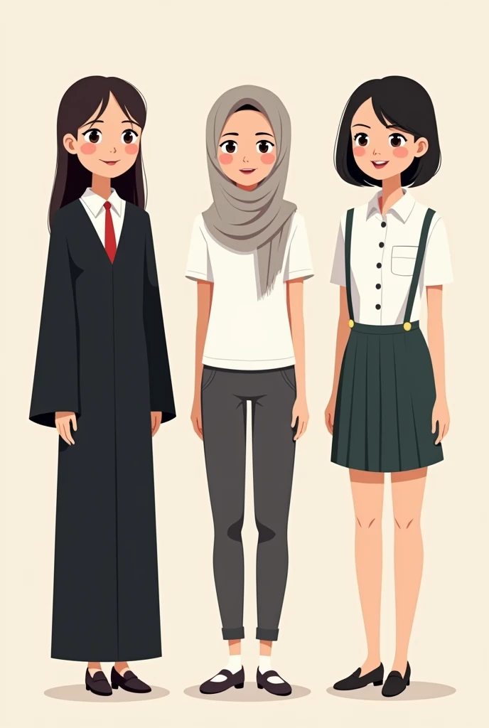 Three cartoon women,
one on the left wearing a black graduation uniform (black hair),
one in the middle wearing a white highschool uniforms with a pink hijab,
and one on the right wearing an black office worker uniform (black hair).