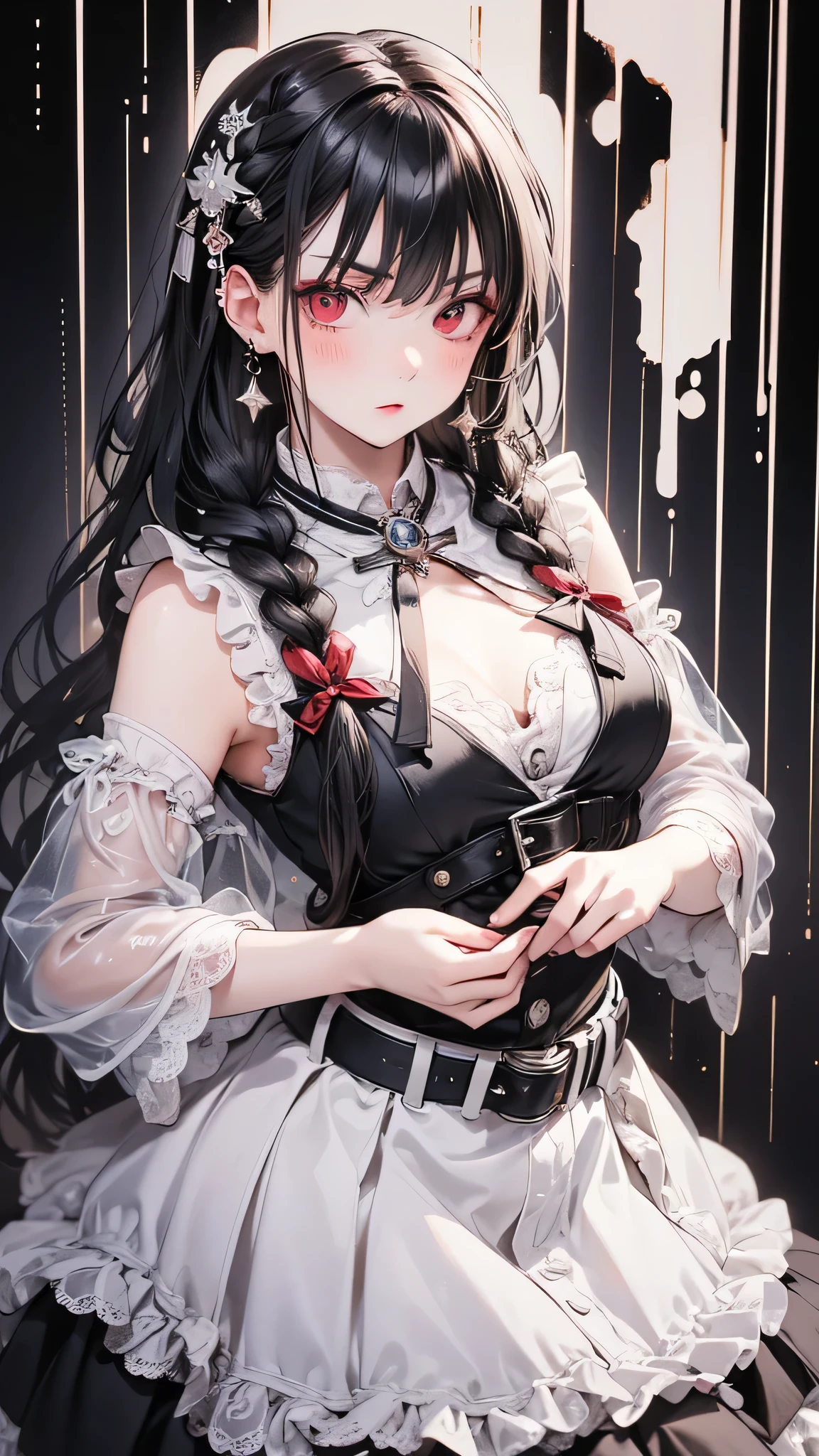 (masterpiece, Highest quality: 1.2), night, Highly detailed face, The real picture, Realistic Skin, Realistic body, Intricate details), Red eyes, (Intimidating look), A slight blush, Social attire, Half-open button-up shirt (white), whiteいブラジャー, skirt (black), black belt with buckle, Beautiful long hair (Stick to braids), Mid-chest, Slender beauty,