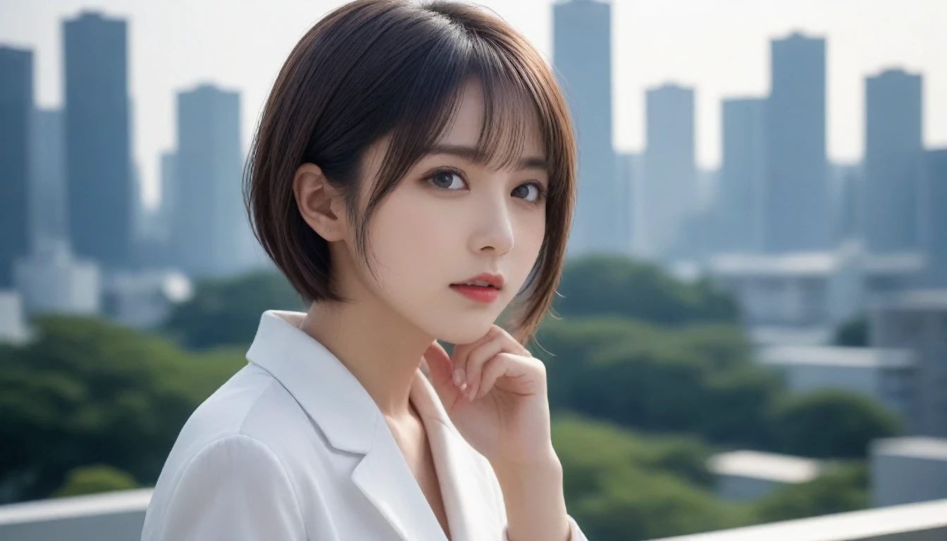 8k, Ultra-high resolution, Highest quality, masterpiece, 三分割法によるphotograph,Surreal, photograph, 1 , (:1.3), cute, cute顔, 細部までBeautiful Eyes, 細かくdetailedに,masterpiece,One Girl:1.2,Japanese women,Female announcer,cowboy shot,glaring,Black short hair,messy hair,from side,(White shirt:1.3),Blazer,Pencil Skirt,Rooftop,white collar,blue sky,Background of skyscrapers,(Beautiful attention to detail),Subtle details, detailedな顔,anger,Attractive eyes,(ポートレートphotograph:1.4),(Photorealistic images:1.4),Fantasy art,(Beautiful Face:1.4),美しくAttractive eyes、Beautiful Eyes,Silver residue,(Tight waist:1.4)、(Beautiful with perfect body proportions:1.4),Pink Lips,profile,(((Ideal body type))),A-cup small breasts :2,、Portraiture:2、Perfect Anatomy、鮮明なdetailed、detailed,Fashion magazine cover,Thin lips,完璧でBeautiful Face ,完璧でcute顔, Skin with attention to detail, Perfect limbs、Narrow waist,Surreal,Light and shadow,sunlight